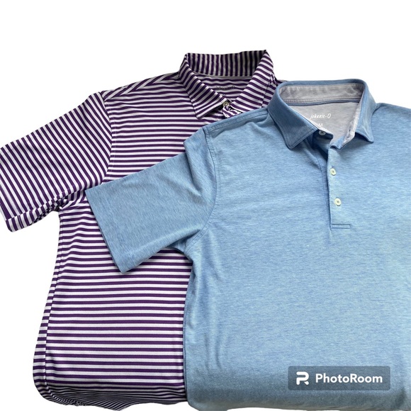 Johnnie O Polo Size M Set Of 2 Heather Blue & Purple White Stripe Nice - Picture 1 of 13